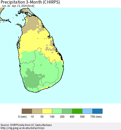 Sri Lanka Precipitation 3-Month (CHIRPS) Thematic Map For 1/16/2020 - 4/15/2020
