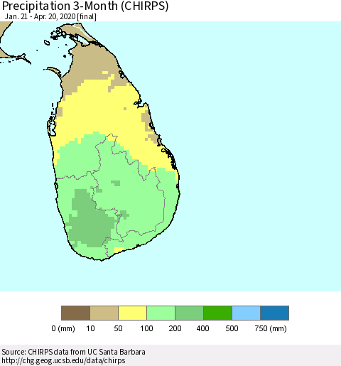 Sri Lanka Precipitation 3-Month (CHIRPS) Thematic Map For 1/21/2020 - 4/20/2020