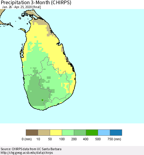 Sri Lanka Precipitation 3-Month (CHIRPS) Thematic Map For 1/26/2020 - 4/25/2020
