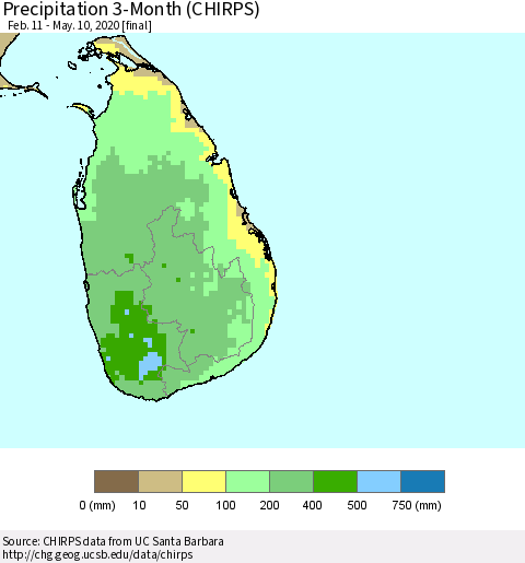 Sri Lanka Precipitation 3-Month (CHIRPS) Thematic Map For 2/11/2020 - 5/10/2020