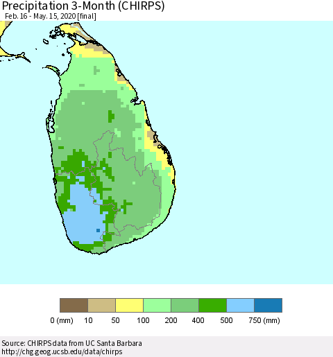Sri Lanka Precipitation 3-Month (CHIRPS) Thematic Map For 2/16/2020 - 5/15/2020