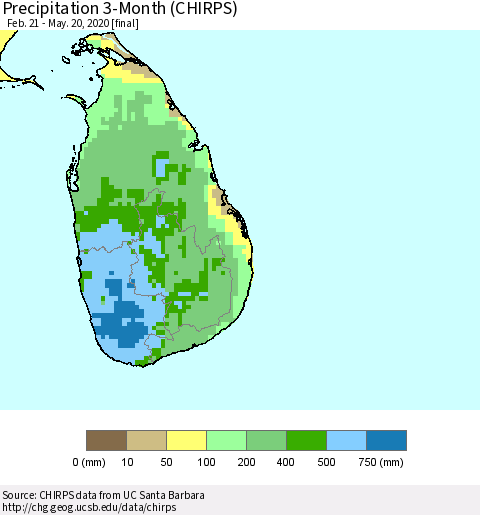 Sri Lanka Precipitation 3-Month (CHIRPS) Thematic Map For 2/21/2020 - 5/20/2020