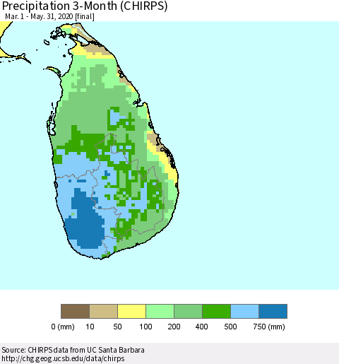 Sri Lanka Precipitation 3-Month (CHIRPS) Thematic Map For 3/1/2020 - 5/31/2020