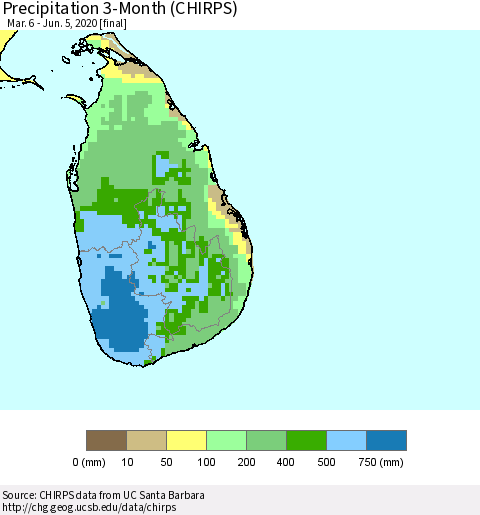 Sri Lanka Precipitation 3-Month (CHIRPS) Thematic Map For 3/6/2020 - 6/5/2020