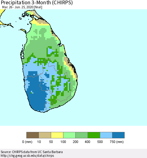 Sri Lanka Precipitation 3-Month (CHIRPS) Thematic Map For 3/26/2020 - 6/25/2020