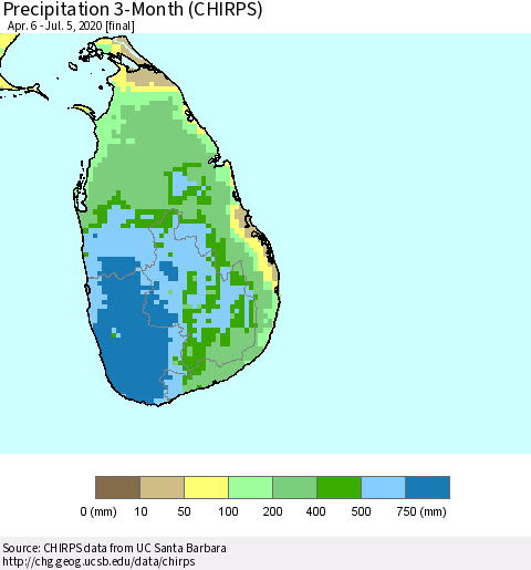 Sri Lanka Precipitation 3-Month (CHIRPS) Thematic Map For 4/6/2020 - 7/5/2020