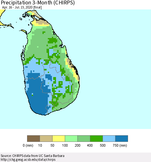 Sri Lanka Precipitation 3-Month (CHIRPS) Thematic Map For 4/16/2020 - 7/15/2020