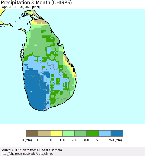 Sri Lanka Precipitation 3-Month (CHIRPS) Thematic Map For 4/21/2020 - 7/20/2020