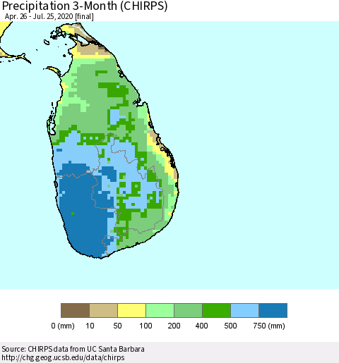Sri Lanka Precipitation 3-Month (CHIRPS) Thematic Map For 4/26/2020 - 7/25/2020
