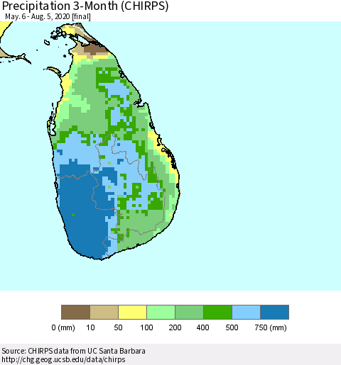 Sri Lanka Precipitation 3-Month (CHIRPS) Thematic Map For 5/6/2020 - 8/5/2020