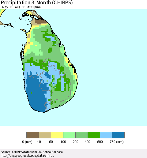 Sri Lanka Precipitation 3-Month (CHIRPS) Thematic Map For 5/11/2020 - 8/10/2020