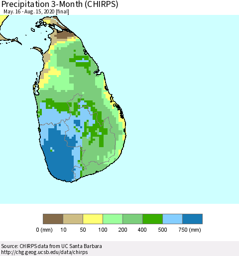 Sri Lanka Precipitation 3-Month (CHIRPS) Thematic Map For 5/16/2020 - 8/15/2020