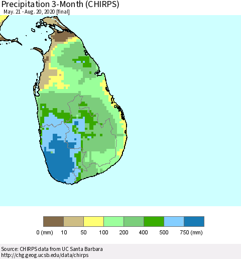 Sri Lanka Precipitation 3-Month (CHIRPS) Thematic Map For 5/21/2020 - 8/20/2020