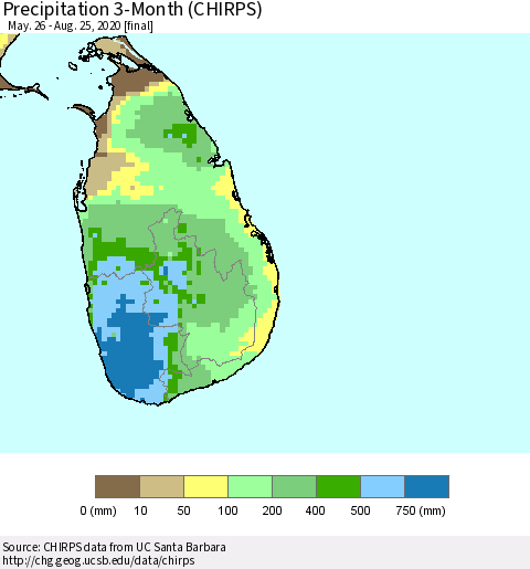 Sri Lanka Precipitation 3-Month (CHIRPS) Thematic Map For 5/26/2020 - 8/25/2020