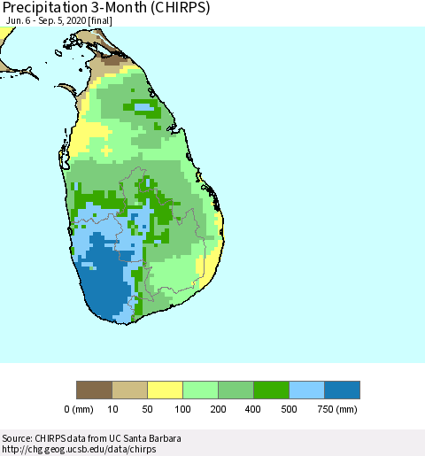 Sri Lanka Precipitation 3-Month (CHIRPS) Thematic Map For 6/6/2020 - 9/5/2020