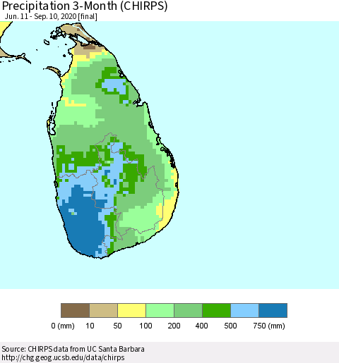 Sri Lanka Precipitation 3-Month (CHIRPS) Thematic Map For 6/11/2020 - 9/10/2020