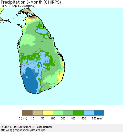 Sri Lanka Precipitation 3-Month (CHIRPS) Thematic Map For 6/16/2020 - 9/15/2020