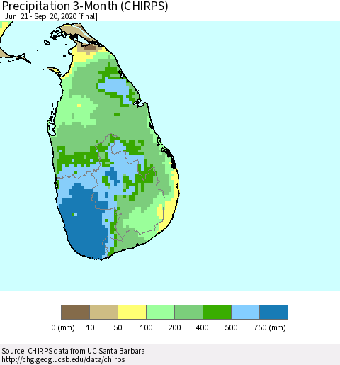 Sri Lanka Precipitation 3-Month (CHIRPS) Thematic Map For 6/21/2020 - 9/20/2020