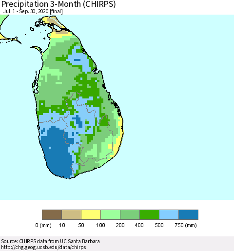 Sri Lanka Precipitation 3-Month (CHIRPS) Thematic Map For 7/1/2020 - 9/30/2020