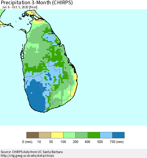 Sri Lanka Precipitation 3-Month (CHIRPS) Thematic Map For 7/6/2020 - 10/5/2020