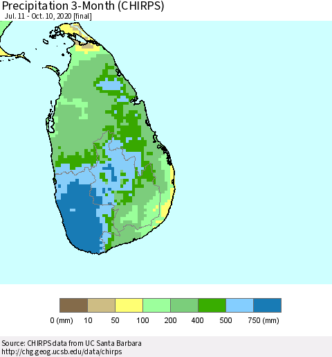Sri Lanka Precipitation 3-Month (CHIRPS) Thematic Map For 7/11/2020 - 10/10/2020
