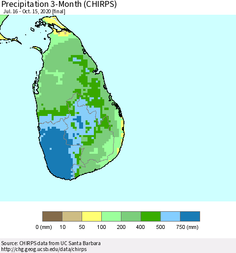 Sri Lanka Precipitation 3-Month (CHIRPS) Thematic Map For 7/16/2020 - 10/15/2020