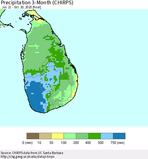 Sri Lanka Precipitation 3-Month (CHIRPS) Thematic Map For 7/21/2020 - 10/20/2020