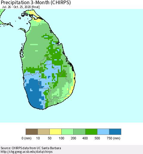 Sri Lanka Precipitation 3-Month (CHIRPS) Thematic Map For 7/26/2020 - 10/25/2020