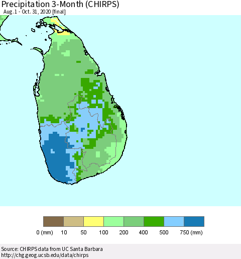 Sri Lanka Precipitation 3-Month (CHIRPS) Thematic Map For 8/1/2020 - 10/31/2020