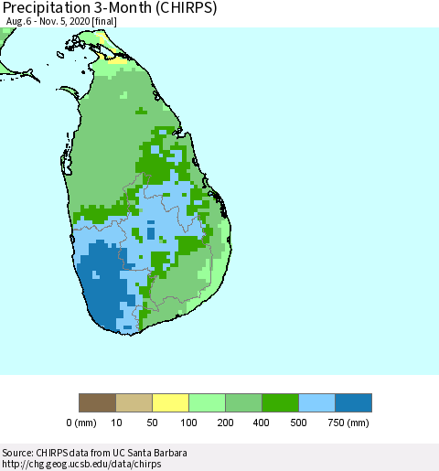 Sri Lanka Precipitation 3-Month (CHIRPS) Thematic Map For 8/6/2020 - 11/5/2020