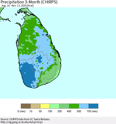 Sri Lanka Precipitation 3-Month (CHIRPS) Thematic Map For 8/16/2020 - 11/15/2020