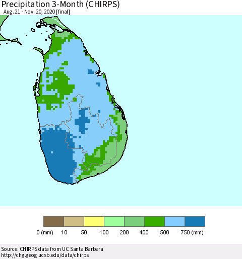Sri Lanka Precipitation 3-Month (CHIRPS) Thematic Map For 8/21/2020 - 11/20/2020