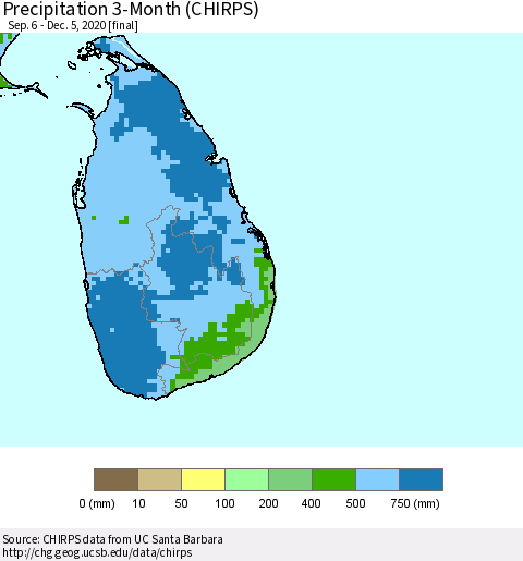 Sri Lanka Precipitation 3-Month (CHIRPS) Thematic Map For 9/6/2020 - 12/5/2020