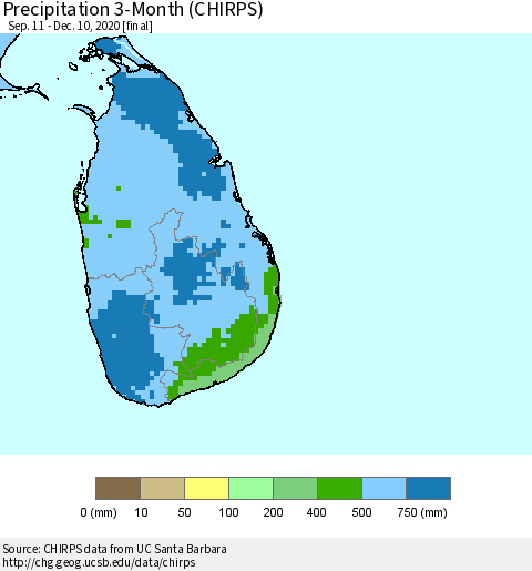 Sri Lanka Precipitation 3-Month (CHIRPS) Thematic Map For 9/11/2020 - 12/10/2020