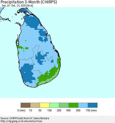 Sri Lanka Precipitation 3-Month (CHIRPS) Thematic Map For 9/16/2020 - 12/15/2020