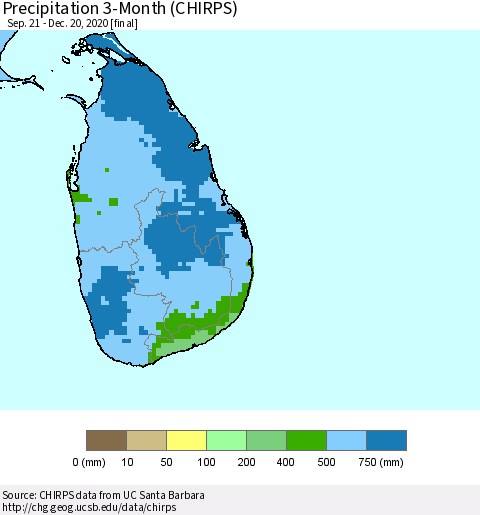 Sri Lanka Precipitation 3-Month (CHIRPS) Thematic Map For 9/21/2020 - 12/20/2020