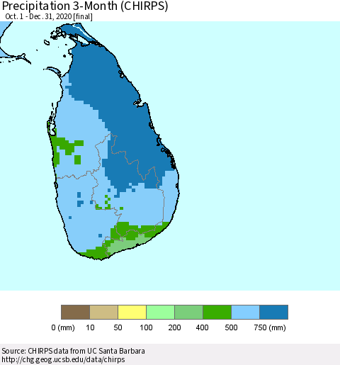 Sri Lanka Precipitation 3-Month (CHIRPS) Thematic Map For 10/1/2020 - 12/31/2020