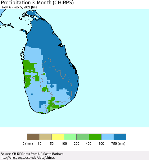 Sri Lanka Precipitation 3-Month (CHIRPS) Thematic Map For 11/6/2020 - 2/5/2021