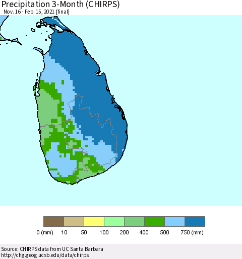 Sri Lanka Precipitation 3-Month (CHIRPS) Thematic Map For 11/16/2020 - 2/15/2021