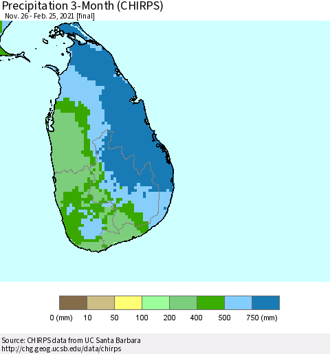 Sri Lanka Precipitation 3-Month (CHIRPS) Thematic Map For 11/26/2020 - 2/25/2021