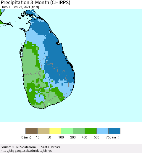 Sri Lanka Precipitation 3-Month (CHIRPS) Thematic Map For 12/1/2020 - 2/28/2021