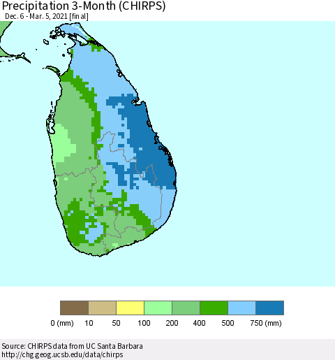 Sri Lanka Precipitation 3-Month (CHIRPS) Thematic Map For 12/6/2020 - 3/5/2021