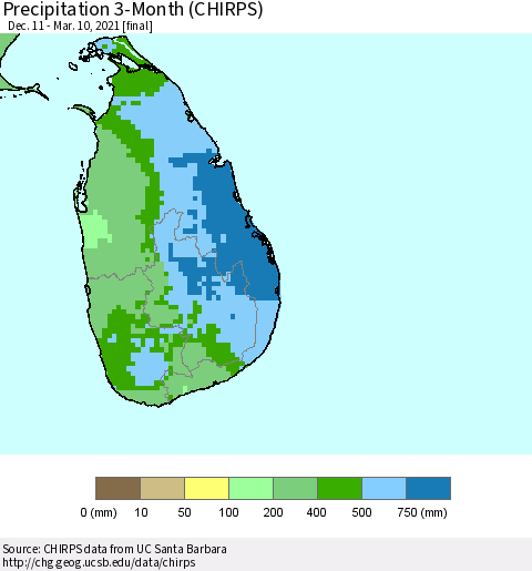 Sri Lanka Precipitation 3-Month (CHIRPS) Thematic Map For 12/11/2020 - 3/10/2021