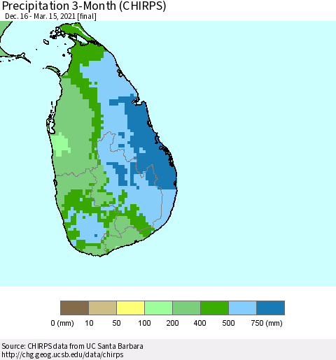 Sri Lanka Precipitation 3-Month (CHIRPS) Thematic Map For 12/16/2020 - 3/15/2021