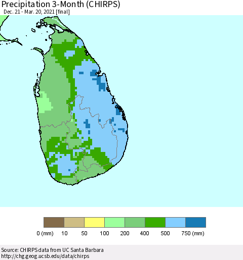 Sri Lanka Precipitation 3-Month (CHIRPS) Thematic Map For 12/21/2020 - 3/20/2021