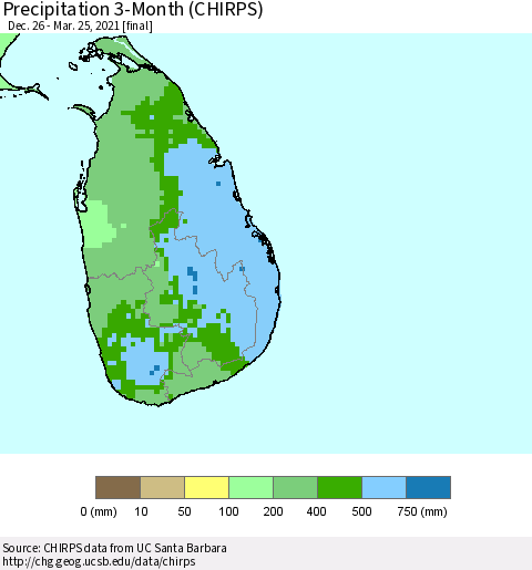 Sri Lanka Precipitation 3-Month (CHIRPS) Thematic Map For 12/26/2020 - 3/25/2021