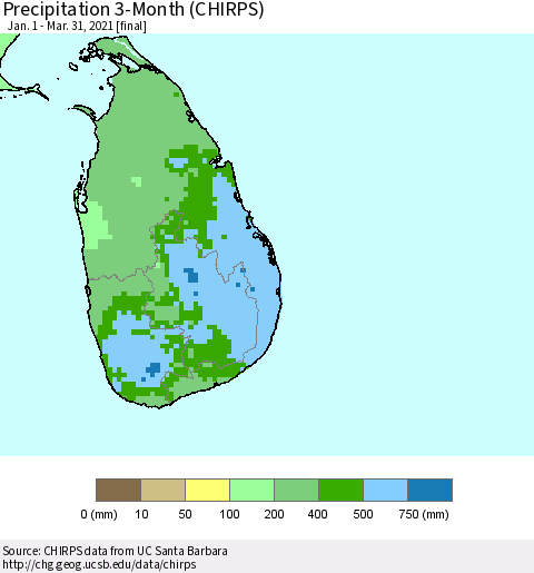 Sri Lanka Precipitation 3-Month (CHIRPS) Thematic Map For 1/1/2021 - 3/31/2021