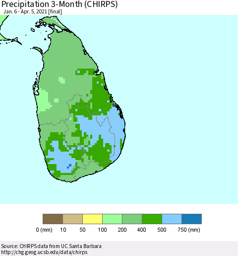 Sri Lanka Precipitation 3-Month (CHIRPS) Thematic Map For 1/6/2021 - 4/5/2021