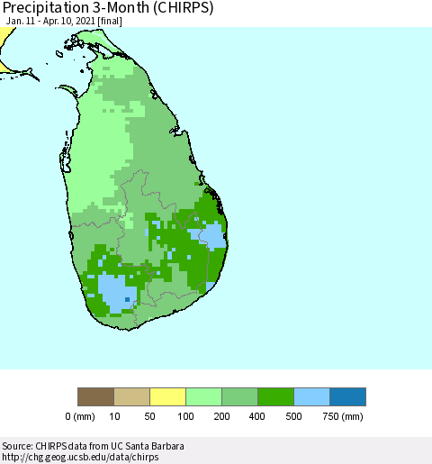 Sri Lanka Precipitation 3-Month (CHIRPS) Thematic Map For 1/11/2021 - 4/10/2021