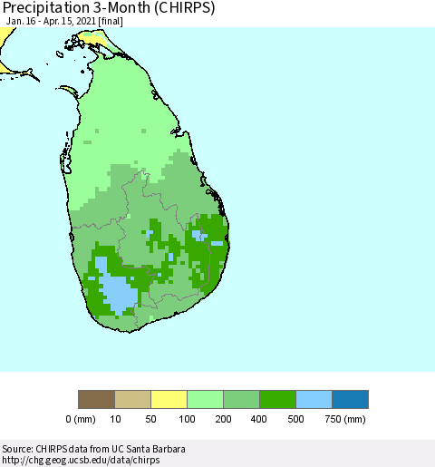 Sri Lanka Precipitation 3-Month (CHIRPS) Thematic Map For 1/16/2021 - 4/15/2021
